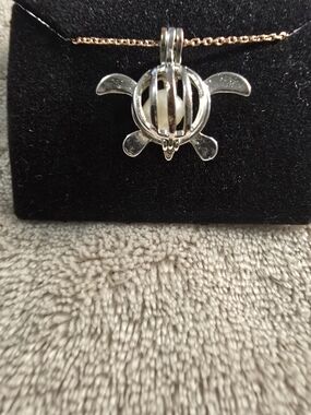 Silver Turtle Locket Pendant with Pearl Accent